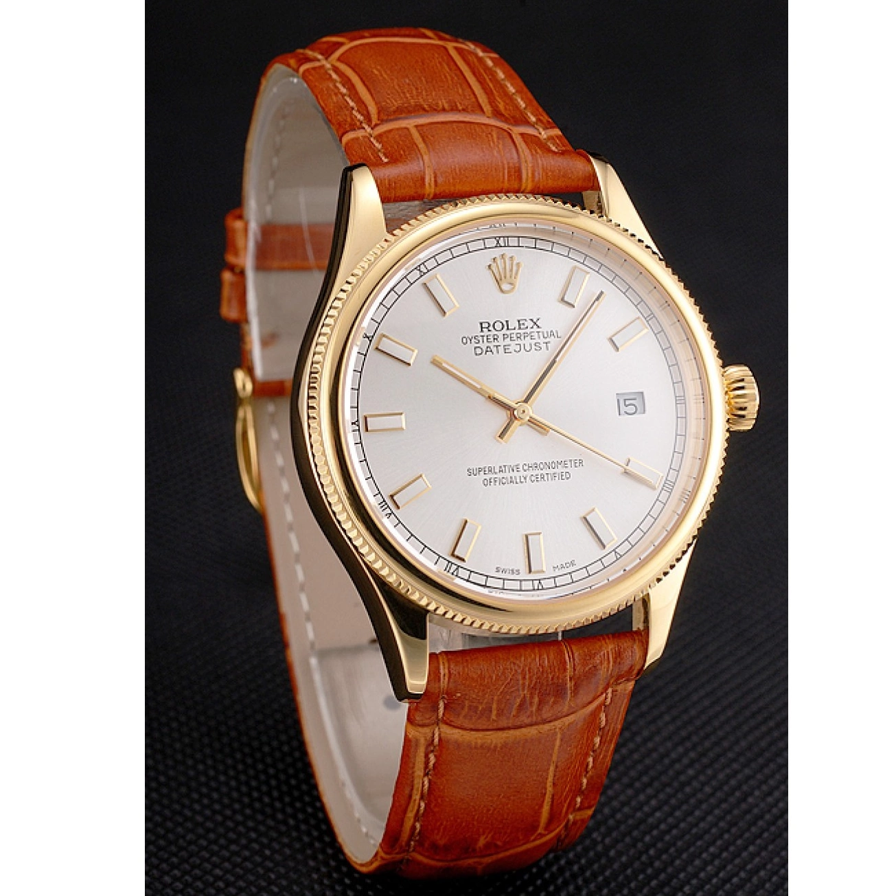 Aaa fake watches Dial Brown Rolex Swiss Strap Gold Case Light Datejust White Leather 0630